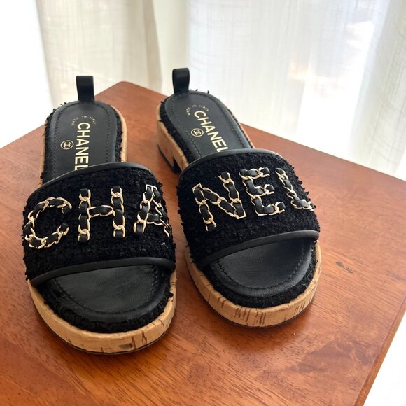 CHANEL Black Cork Tweed Leather Gold Chain Open Toe Mule Slides Sandals Size 6 - Picture 3 of 8